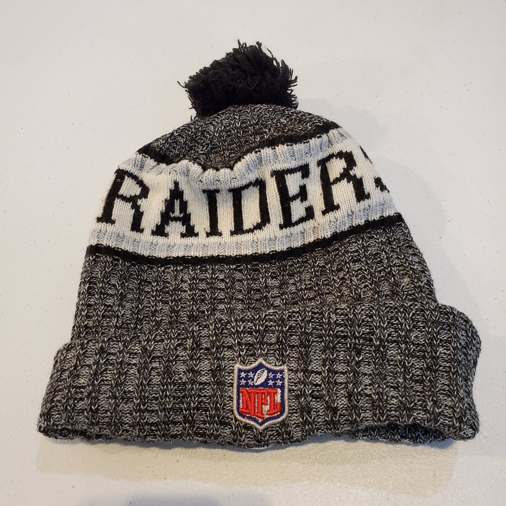 Oakland Raiders Boys Beanie One Size Gray Logo NFL Cuff Wool Blend Pom Pom Youth
